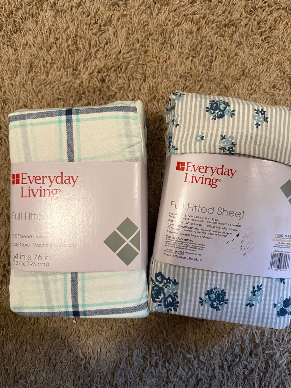 Everyday living-Full Fitted Sheet set of 2 - Blue Plaid and Blue Floral